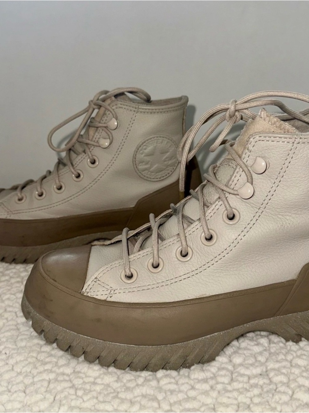 Converse Taupe Leather High Tops with Red Logo Accent